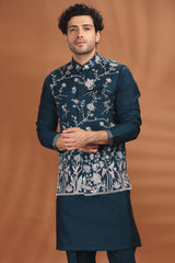 Rama Blue Silk Floral Embroidered Kurta Pajama with Jacket