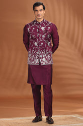 Wine Purple Silk Floral Embroidered Kurta Pajama with Jacket