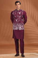 Wine Purple Silk Floral Embroidered Kurta Pajama with Jacket