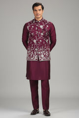 Wine Purple Silk Floral Embroidered Kurta Pajama with Jacket
