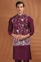Wine Purple Silk Floral Embroidered Kurta Pajama with Jacket