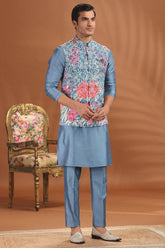 Aqua Grey Silk Kurta Pajama with Floral Print and Embroidered Jacket