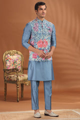 Aqua Grey Silk Kurta Pajama with Floral Print and Embroidered Jacket