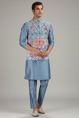 Aqua Grey Silk Kurta Pajama with Floral Print and Embroidered Jacket