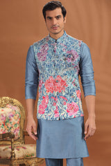 Aqua Grey Silk Kurta Pajama with Floral Print and Embroidered Jacket