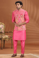 Pink Silk Kurta Pajama with Floral Print and Embroidered Jacket