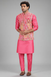 Pink Silk Kurta Pajama with Floral Print and Embroidered Jacket