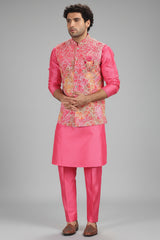 Pink Silk Kurta Pajama with Floral Print and Embroidered Jacket