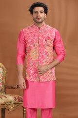 Pink Silk Kurta Pajama with Floral Print and Embroidered Jacket