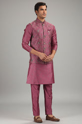 Dark Onion Pink Silk Kurta Pajama with Floral Embroidery Jacket