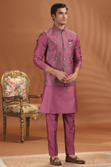 Dark Onion Pink Silk Kurta Pajama with Floral Embroidery Jacket