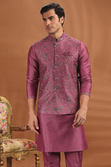 Dark Onion Pink Silk Kurta Pajama with Floral Embroidery Jacket