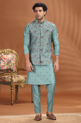 Sea Green Silk Jacket Kurta Pajama with Floral Embroidery