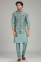 Sea Green Silk Jacket Kurta Pajama with Floral Embroidery