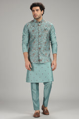 Sea Green Silk Jacket Kurta Pajama with Floral Embroidery