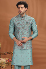 Sea Green Silk Jacket Kurta Pajama with Floral Embroidery