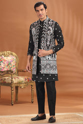 Black Silk Embroidered Jacket Indo Western Set