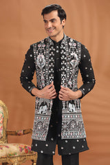 Black Silk Embroidered Jacket Indo Western Set