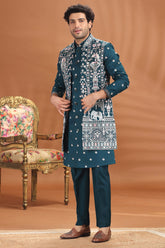 Rama Blue Silk Embroidered Jacket Indo Western Set