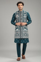 Rama Blue Silk Embroidered Jacket Indo Western Set
