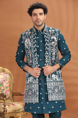Rama Blue Silk Embroidered Jacket Indo Western Set
