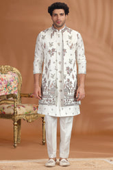Pearl White Embroidered Jacket Indo Western Set