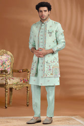 Sea Green Silk Mirror and Floral Printed Jacket Indo Western Set