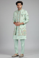 Sea Green Silk Mirror and Floral Printed Jacket Indo Western Set