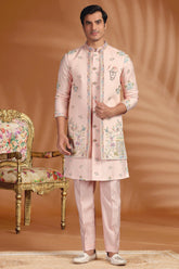 Pink Silk Mirror and Floral Printed Jacket Indo Western Set