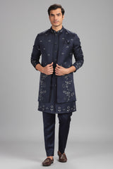 Navy Blue Silk Jacket Indo Western Set