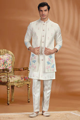 Off White Silk Floral Printed and Cutdana Worked Jacket Indo Western Set