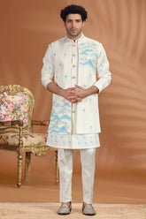 Off White Silk Printed Jacket Indo Western Set