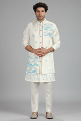 Off White Silk Printed Jacket Indo Western Set