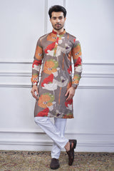 Grey Silk Floral Printed Kurta Pajama