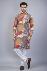 Grey Silk Floral Printed Kurta Pajama - grey silk saree