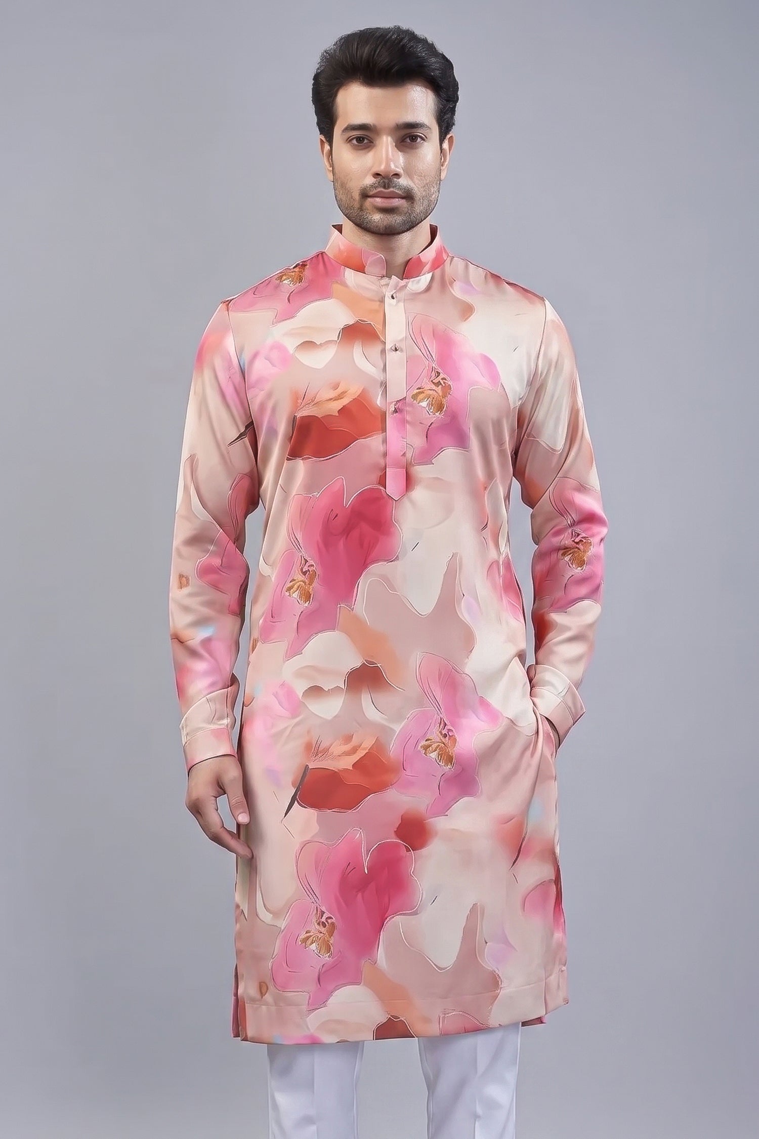 Pink Silk Floral Printed Kurta Pajama - pink silk saree