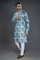 Blue Silk Elephant Motif Print Kurta Pajama - blue silk saree