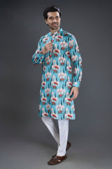 Blue Silk Elephant Motif Print Kurta Pajama - blue silk saree