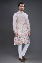Off White Silk Floral Printed Kurta Pajama