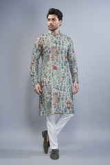 Sea Green Cotton Animal Motif Print Kurta Pajama - green cotton saree