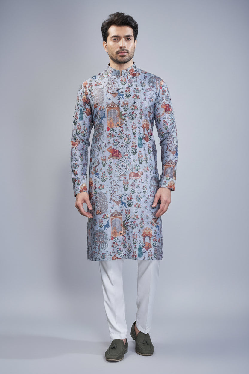Grey Cotton Animal Motif Printed Kurta Pajama - grey cotton saree