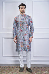 Grey Cotton Animal Motif Printed Kurta Pajama