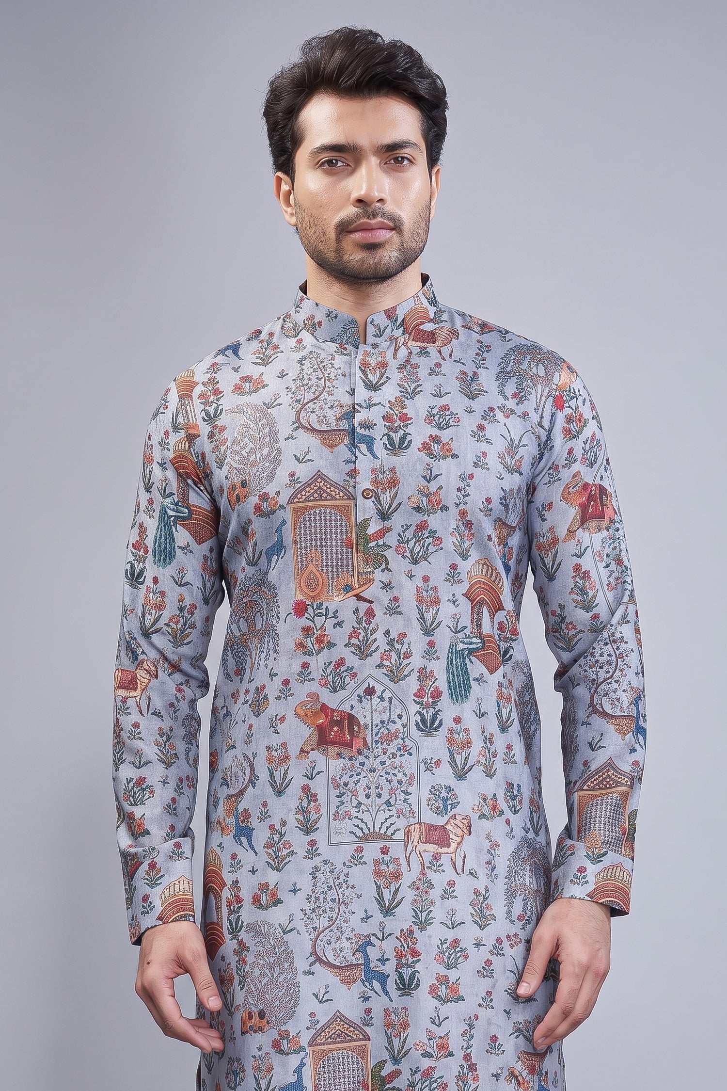 Grey Cotton Animal Motif Printed Kurta Pajama - grey cotton saree