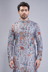 Grey Cotton Animal Motif Printed Kurta Pajama - grey cotton saree