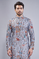 Grey Cotton Animal Motif Printed Kurta Pajama - grey cotton saree