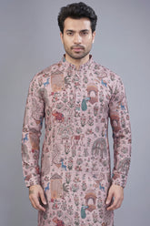 Pink Cotton Animal Motif Print Kurta Pajama - pink cotton saree