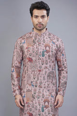 Pink Cotton Animal Motif Print Kurta Pajama - pink cotton saree