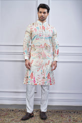 Off White Cotton Linen Printed Kurta Pajama - white cotton saree