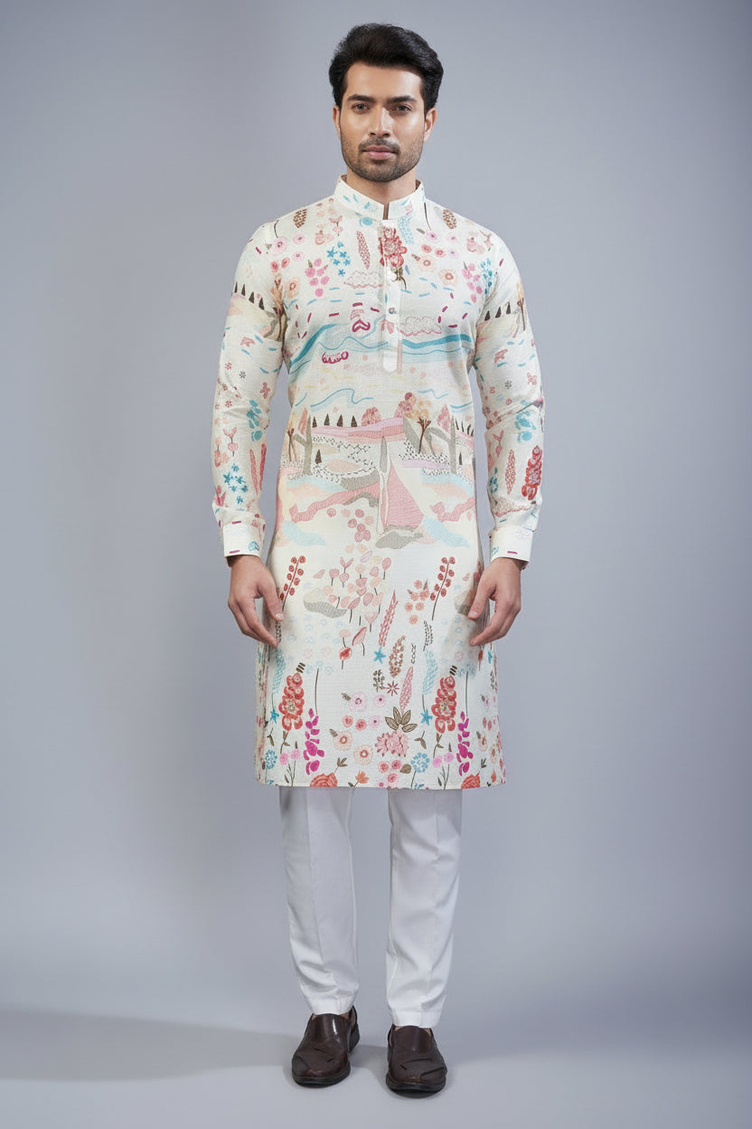 Off White Cotton Linen Printed Kurta Pajama - white cotton saree