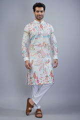 Pearl White Cotton Printed Kurta Pajama - white cotton saree